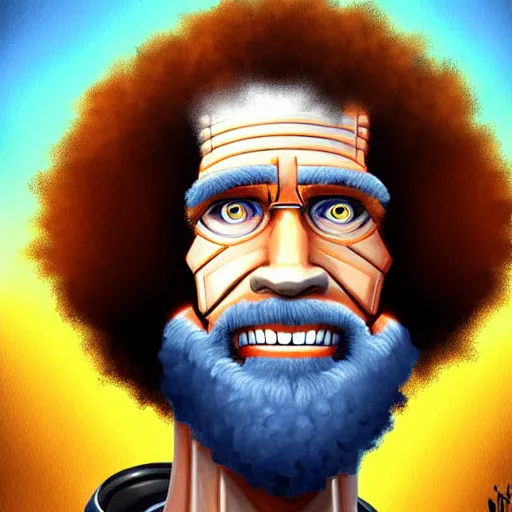 Image similar to cyborg bob ross by vitorugo, by mateus 9 5, realistic background, highly detailed, concept art, smooth, sharp focus, illustration of