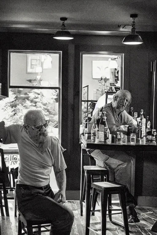 Image similar to Old man drinks beer in the bar. Photo realistic. Gregory Crewdson. Award winning. Masterpiece, exquisite detail, post processing