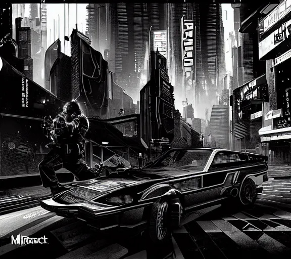 Image similar to a black and white illustration of a cyberpunk epic Friday night firefight in the style of M.C. Escher, Night City, cyberpunk 2077, 1979 OMNI Magazine Cover, impossible geometry, coherent, street level neo-Tokyo in Cyberpunk 2045, 4k, 8k, HD, trending on artstation