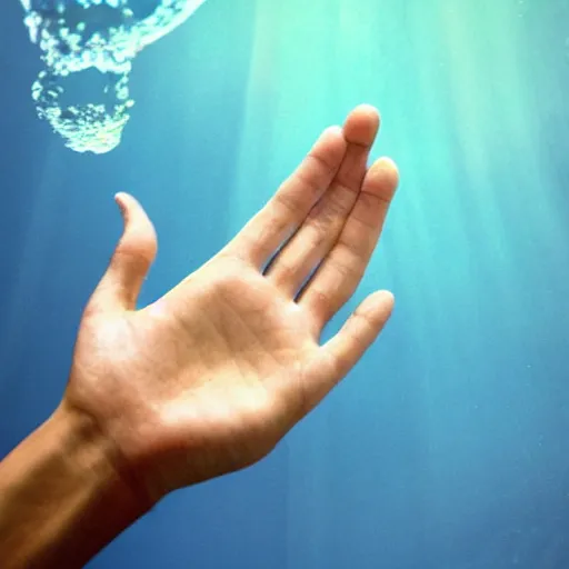 Prompt: hand reaching down into the water, crystal clear water, light refraction. in the style of hand study, artstation trending, digital art, underwater