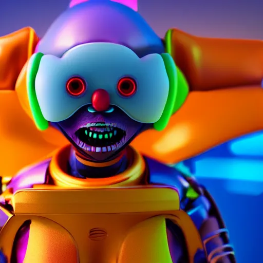 Image similar to photography of a futuristic space clown, in an colorful alien planet, ultra detail, beautiful light, high detail, 8 k, f / 2. 8, octane render