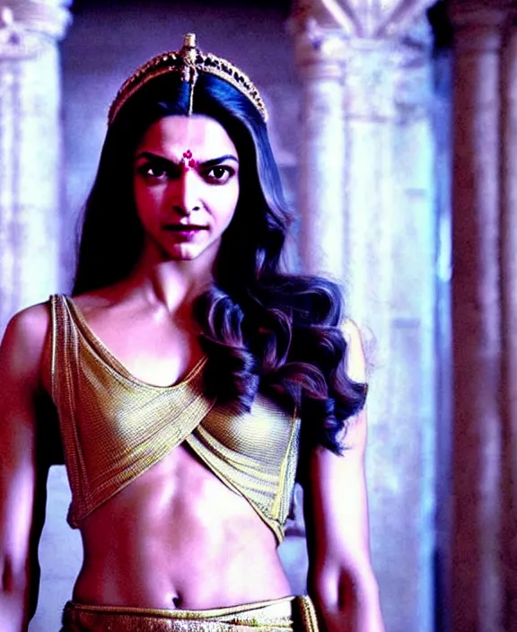 Image similar to cross-processed film still of beautiful Deepika Padukone dressed as an ancient Greek goddess looking at the camera with beautiful eyes. complex detailed film still at 16K resolution and amazingly epic visuals. epically luminous image. amazing lighting effect, image looks gorgeously crisp as far as it's visual fidelity goes, absolutely outstanding image. perfect film clarity. amazing film quality. iridescent image lighting. Criterion collection. gloriously cold atmosphere. mega-beautiful pencil image shadowing. beautiful face. 16k upscaled image. soft image shading. soft image texture. intensely beautiful image. large format picture.