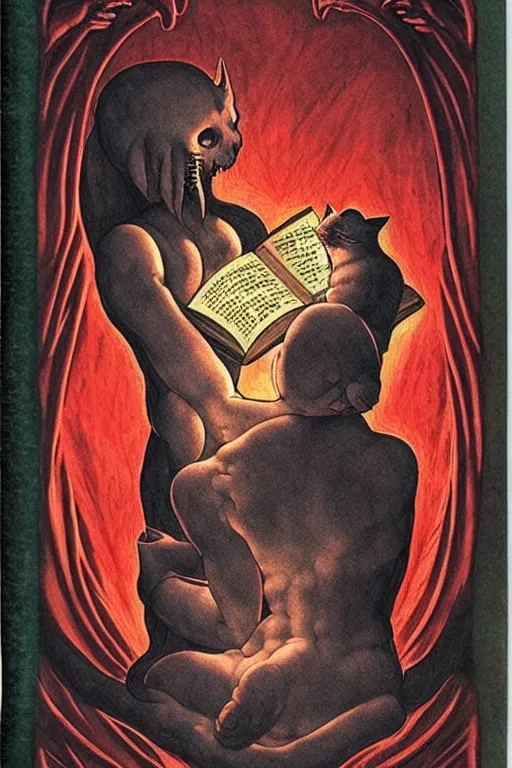 Image similar to michelangelo illustration of romantic girl, her cat and her book of necronomicon, symmetrical, cinematic, sharp focus, 4 k, ultra hd, sense of awe, sinister demonic atmosphere, dreadful, forbidden knowledge, old gods, cthulhu, yog - sothoth! yah, yah, yah! cultist journal cover