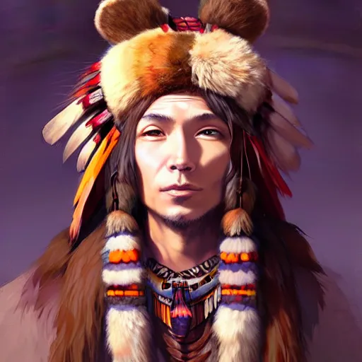 Image similar to anime portrait of a American native shaman wearing a bear headdress by Stanley Artgerm Lau, WLOP, Rossdraws, James Jean, Andrei Riabovitchev, Marc Simonetti, and Sakimichan, trending on artstation