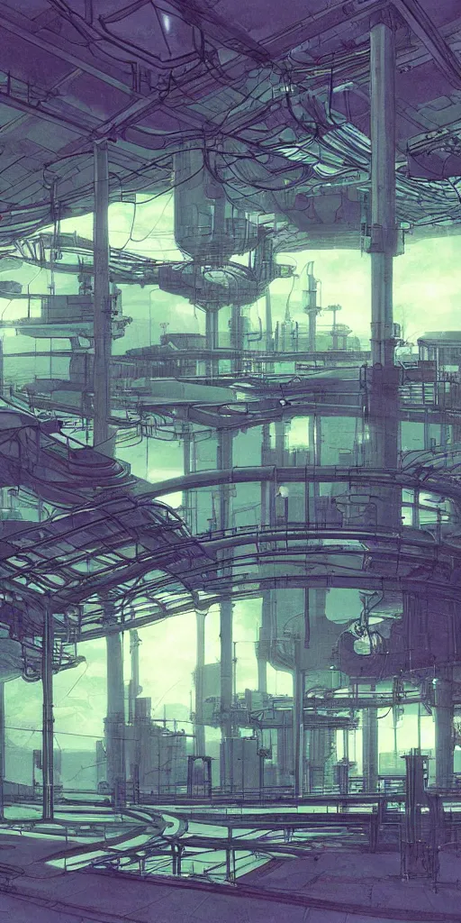 Image similar to experimental water tanks , mysterious laboratory, thick green mist, low ceiling, cables hanging from ceiling, thick cables on ground, god rays of light, huge computer screens, neons, saturated top light , epic scene, scifi, illustration, art by ghibli moebius