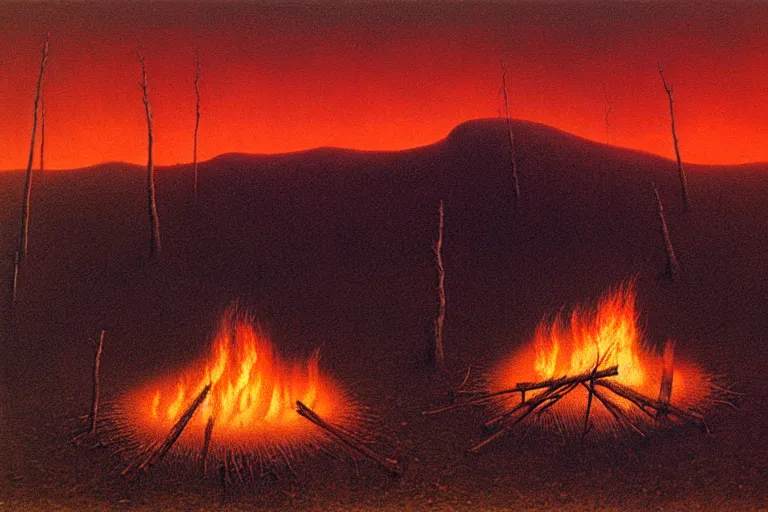 Prompt: zdzisław beksinski painting of a campsite with bonfire