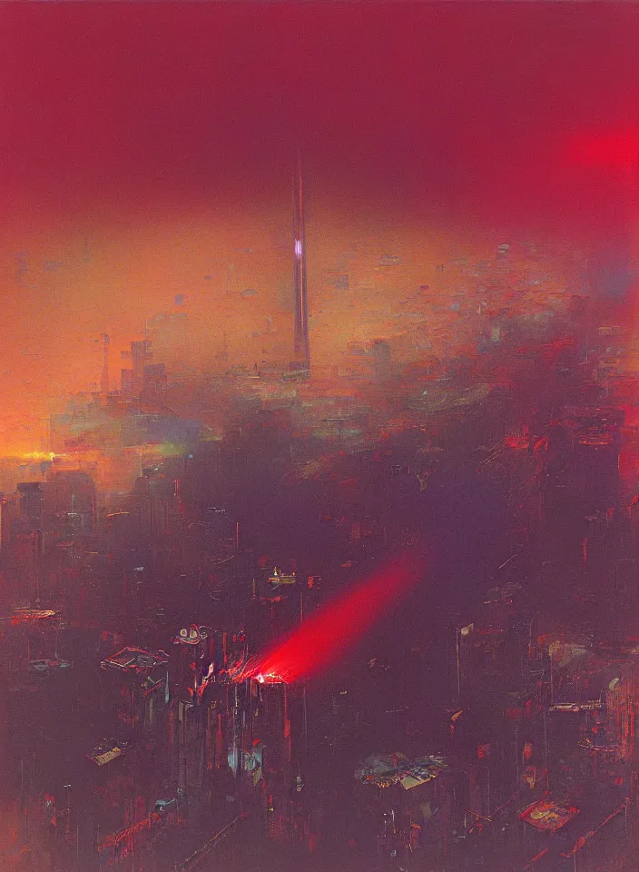 Prompt: 9 / 1 1 terror attack, red and purple palette, volume light, fog, by wayne thiebaud by ( h. r. giger ) and paul lehr