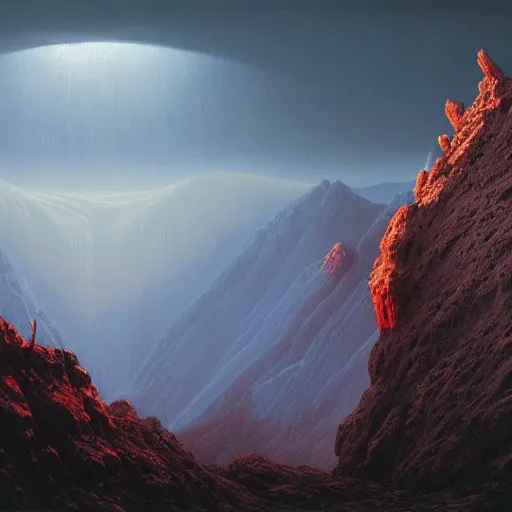 Image similar to tall rocky mountain painting by artist zdzislaw beksinski, 8k octane render, hyper realistic, unreal engine