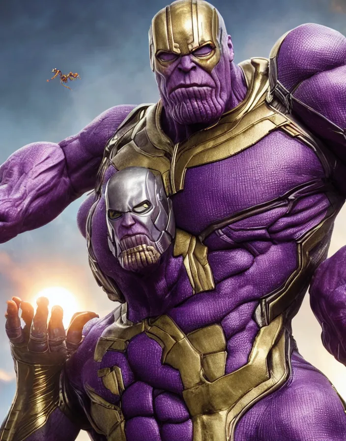 Image similar to Thanos eating Ant Man, hyper realism, high detail, octane render, 8k, depth of field