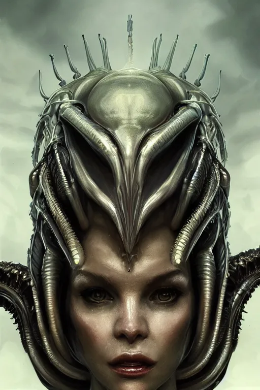 Image similar to alien xenomorph queen, close - up portrait, crown of bones, intricate, elegant, volumetric lighting, scenery, digital painting, highly detailed, artstation, sharp focus, illustration, concept art, luis rollo, ruan jia, steve mccurry