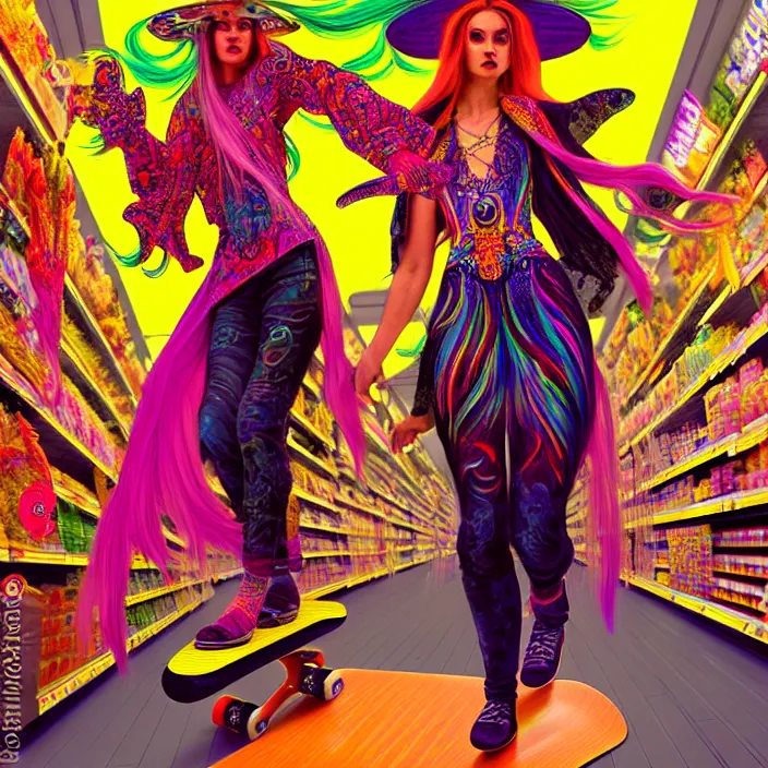 Prompt: bright psychedelic photo of a witch riding a skateboard in a supermarket, diffuse lighting, fantasy, intricate, elegant, highly detailed, lifelike, photorealistic, digital painting, artstation, illustration, concept art, smooth, sharp focus, art by John Collier and Albert Aublet and Krenz Cushart and Artem Demura and Alphonse Mucha