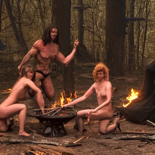 Prompt: and 8 k uhd photo of some witches in the woods with skin and muscle and blood dancing and crawling around a fire pit