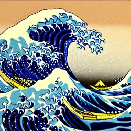 Image similar to the great wave off kanagawa with a red river raft