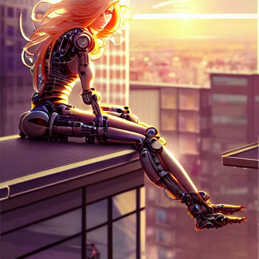 Image similar to beautiful cyborg - angel girl sitting on rooftop overlooking a floating city, long curly blonde hair, golden watery eyes, full round face, big smile, biomechanical details, digital cyberpunk anime art, full body shot, reflections, lens flare, rainfall, wlop, ilya kuvshinov, artgerm, krenz cushart, greg rutkowski