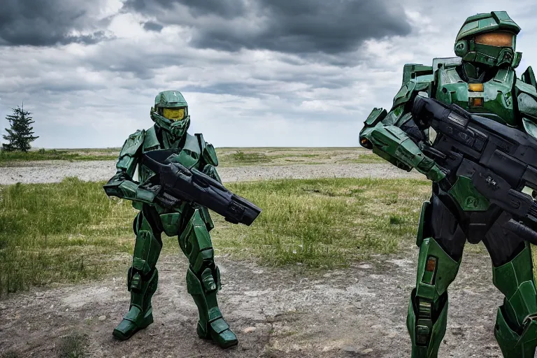 Image similar to wide shot of master chief in ukraine