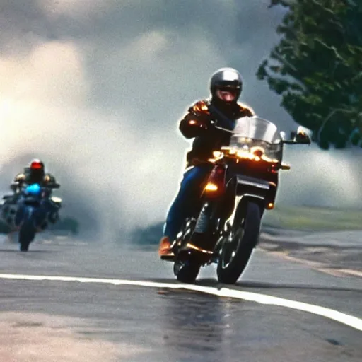 Prompt: Film still of 'Thunder Justice' (1990). Helicopter motorcycle chase scene. Sigma 85mm f/1.4