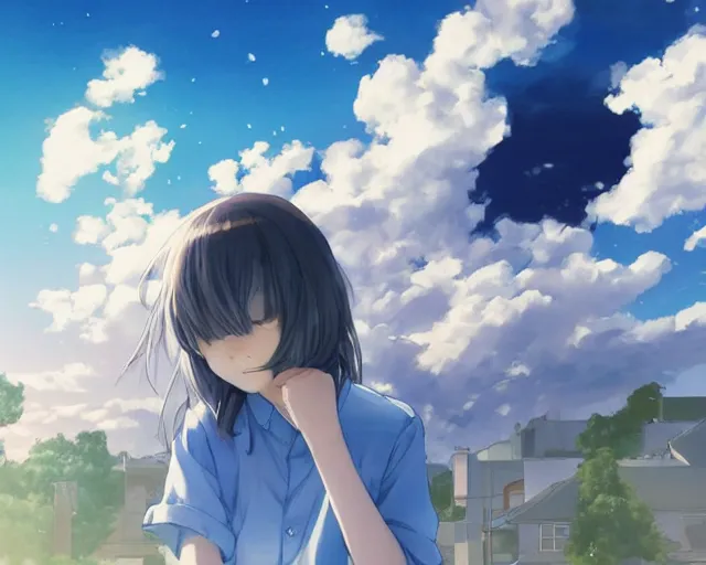 Image similar to teen looking at blue sky, wearing white shirt, back turned, looking up, illustration, by pine ( ハイネ ) and 薯 子 imoko and 香 川 悠 作 and wlop and maya takamura, highly detailed, trending artstation, pixiv, digital art