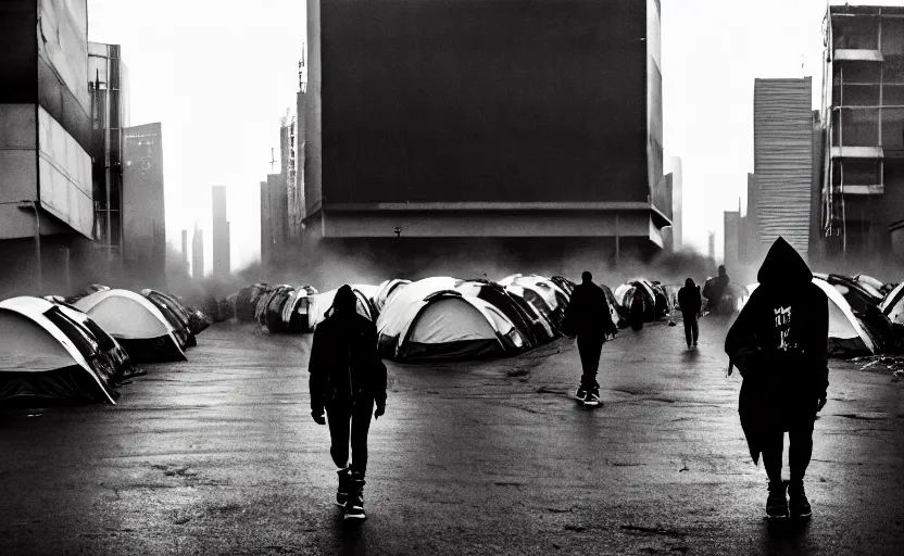 Prompt: Cinestill 50d candid photography of a city on fire, extreme wide shot of a poor techwear mixed woman wearing thick mascara and makeup crying outside of a futuristic city on fire, cyberpunk, tattoos, homeless tents on the side of the road, extreme long shot, desaturated, full shot, blurry, 4k, 8k, hd, full color