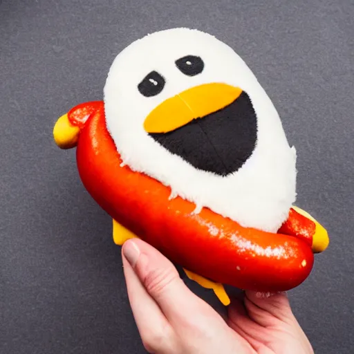 Image similar to A penguin plush holding a hotdog. Beautifully made, detailed, cute, soft. High quality, studio lighting, product image