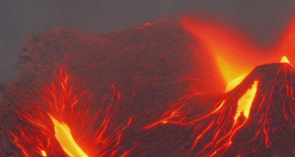 Image similar to a volcano made of ivory vines and crimson rocks enters in eruption, it spits a smoke in the shape of demonic eye, by Wes Anderson,