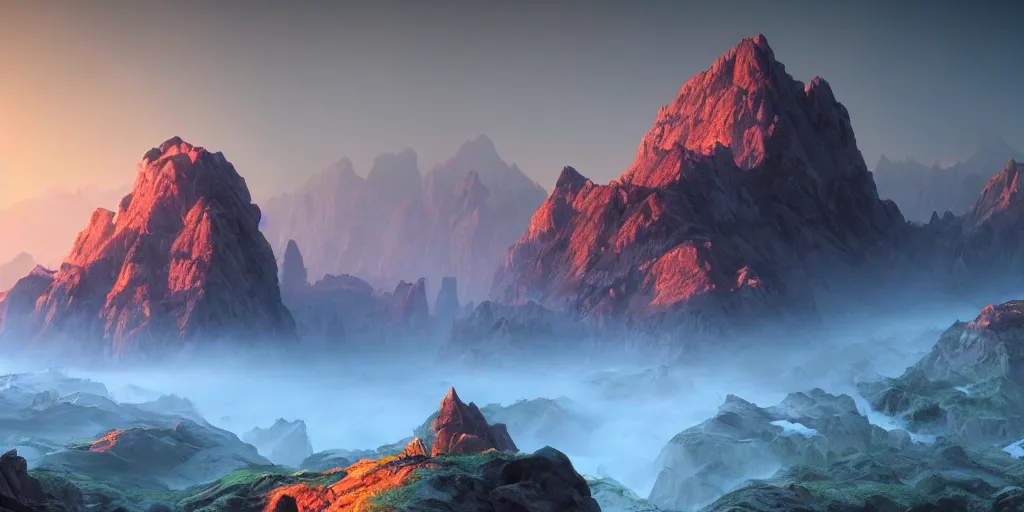 Image similar to epic mountains, dawn, sunrise colors, fantasy illustration, matte painting, concept art, low angle shot, volumetric lighting, volumetric atmosphere, morning mist, art by james gurney, unreal engine 5, 8 k