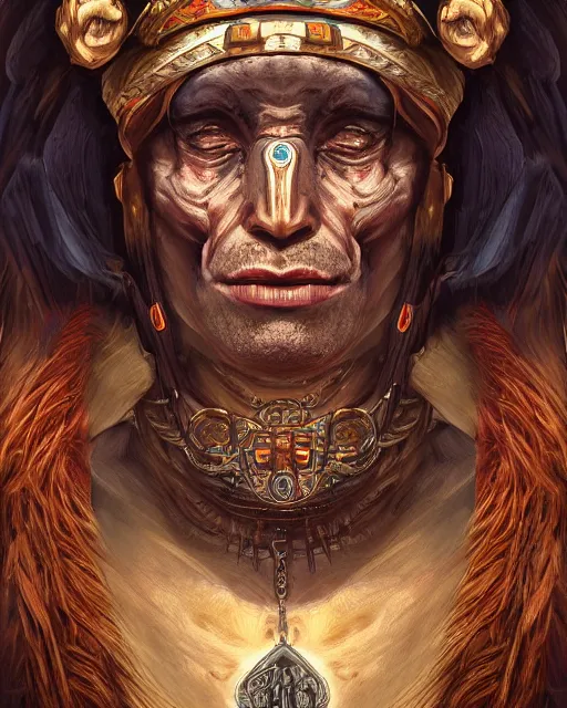 Image similar to digital painting of supay, incan god of death, by filipe pagliuso and justin gerard, symmetric, fantasy, highly detailed, realistic, intricate, portrait, sharp focus, tarot card, face, handsome, peruvian