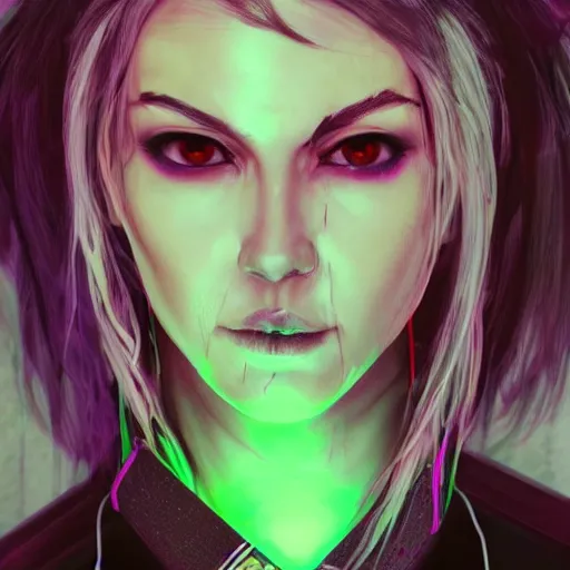 Image similar to detailed realistic cyberpunk female character cyberpunk wearing steel collar around neck, realistic, art, beautiful, 4K, collar, choker, collar around neck, punk, artstation, detailed, female, woman, choker, cyberpunk, neon, punk, collar, choker, collar around neck, thick collar, choker around neck, wearing choker, wearing collar, bright neon punk hair,