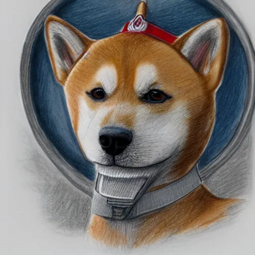 Image similar to A drawing of a Shiba Inu dog wearing a soldier's helmet