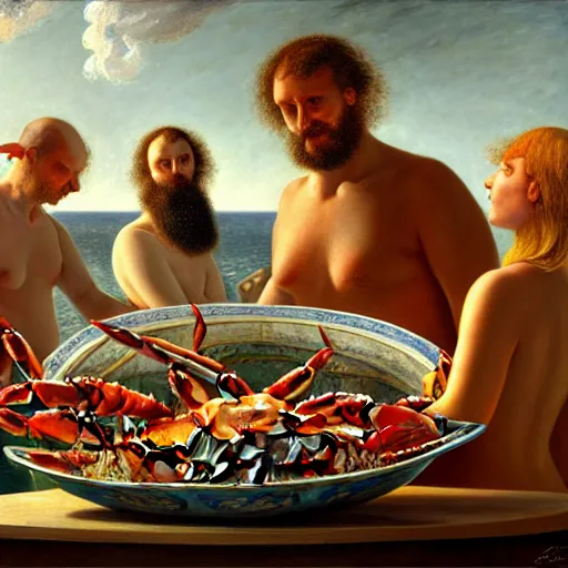 Image similar to crabs and humans in a bowl!!!!!!!!! by Lajos Berán, Albert Bierstadt, Robert Henderson Blyth, Claude Bonin-Pissarro, Sandro Botticelli, unreal Engine Fantasy Illustration. award winning, Artstation, Hyperdetailed, 8k resolution