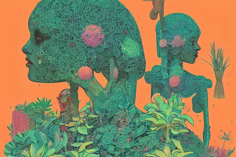 Image similar to gigantic girl faces, tiny robots, a lot of exotic vegetation around, risograph!, colorful flat surreal design, super - detailed, a lot of tiny details, fullshot, by luigi serafini and moebius