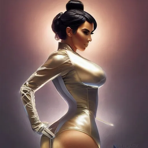 Prompt: Kim Kardashian in futuristic Japanese maid outfit, expressive pose, intricate, elegant, highly detailed, digital painting, artstation, concept art, smooth, sharp focus, illustration, art by artgerm and greg rutkowski and alphonse mucha