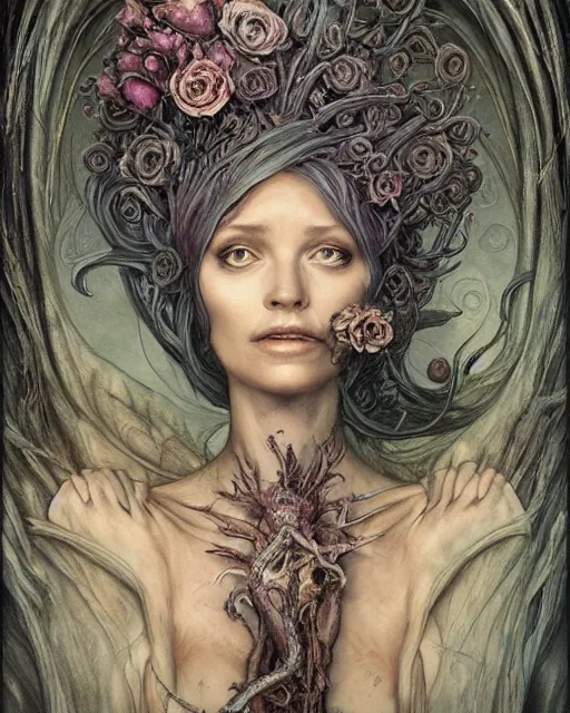 Prompt: a beautiful detailed front view portrait of a dead rotten princess with ornate growing around, ornamentation, elegant, beautifully soft lit, by wayne barlowe, peter mohrbacher, kelly mckernan