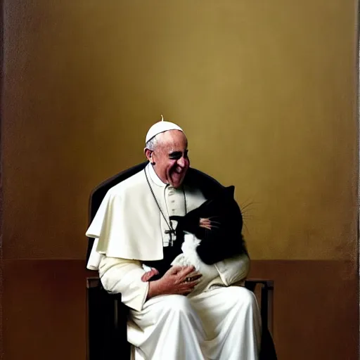 Image similar to Pope Francis sitting on a chair and crying while a black and white cat sits on his lap, realistic oil painting, painted by Roberto Ferri