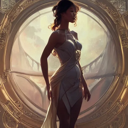 Image similar to full figure ultra realistic illustration, jamie chung as amora, intricate, elegant, highly detailed, digital painting, artstation, concept art, smooth, sharp focus, illustration, art by artgerm and greg rutkowski and alphonse mucha