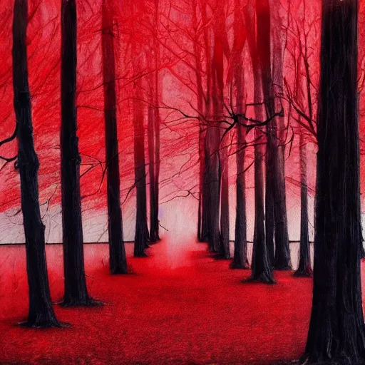 Prompt: blood - red melting trees, liminal, creepy, hyperrealism