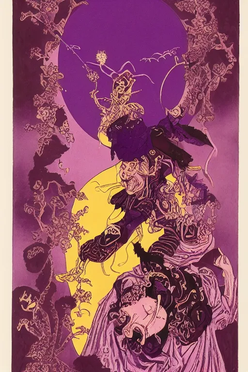 Image similar to dark magenta and purple ink with intricate designs, tarot card, a halloween scarecrow, full of golden layers, black cats, cobwebs, spiders, swirles, curves, wave, by louise nevelson and hokusai and jean giraud and mike mignola and john howe, trending on artstation, elaborate illustration, incredible depth