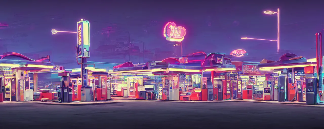 Image similar to a gas station in the night time, vaporwave aesthetic, neon signs, superliminal 8 k uhd, unreal engine, octane render in the artstyle of finnian macmanus, john park and greg rutkowski