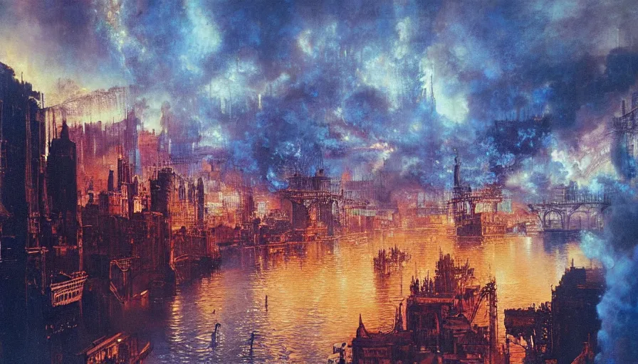 Prompt: river of blue fire, intricate detailed painting, cityscape, john harris