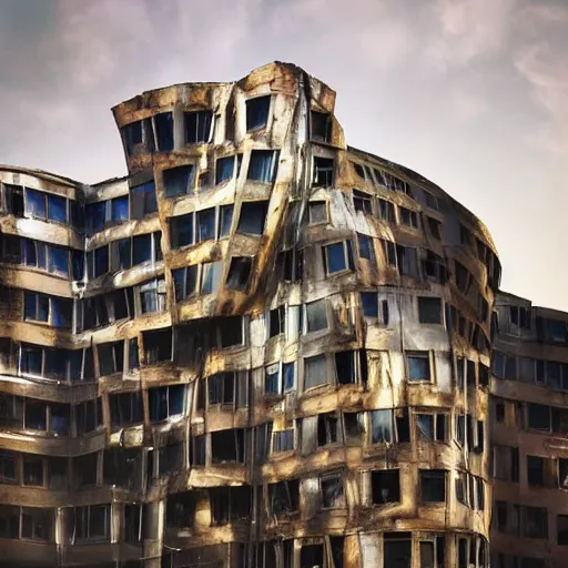 Image similar to “derelict architecture buildings, building designed by architect Frank Gehry, architecture digest, building surrounded in a luxurious environment, modern tones, fluorescent lighting,volumetric Lighting, cyber punk, photorealism, high detail, golden ratio, cinematic, octane renderer”