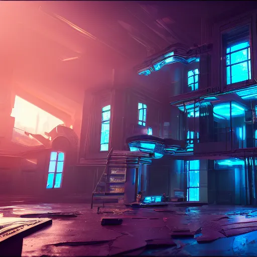 Image similar to A photograph of a cyberpunk mansion set in a cyberpunk utopia. Highly detailed, 8k wallpaper, HDR, concept art, unreal engine 5, 4k, 8k, ray tracing, bloom, lens flare