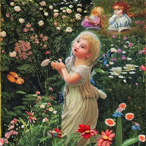 Prompt: a whimsical garden scene. In the computer art, a young girl can be seen playing among the flowers and trees, while a fairy watches over her. winter by Joachim Brohm random