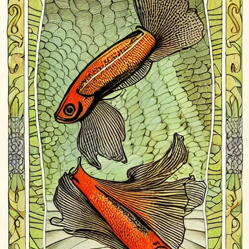 Image similar to A very detailed color illustration on paper of an Art Nouveau decorated fish