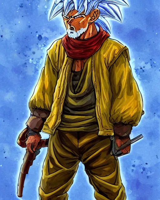 Image similar to a oil / watercolor painting full body character portrait of an old homeless saiyan soldier / mercenary in the style of moebius in the style of leonard boyarsky trending on artstation deviantart pinterest detailed photorealistic highlights and shadow hd 8 k post - processing high resolution