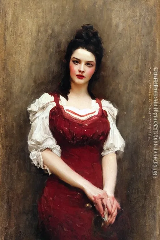 Prompt: Solomon Joseph Solomon and Richard Schmid and Jeremy Lipking victorian genre painting full length portrait painting of a young beautiful woman traditional german french Gene Tierney barmaid in fantasy costume, red background