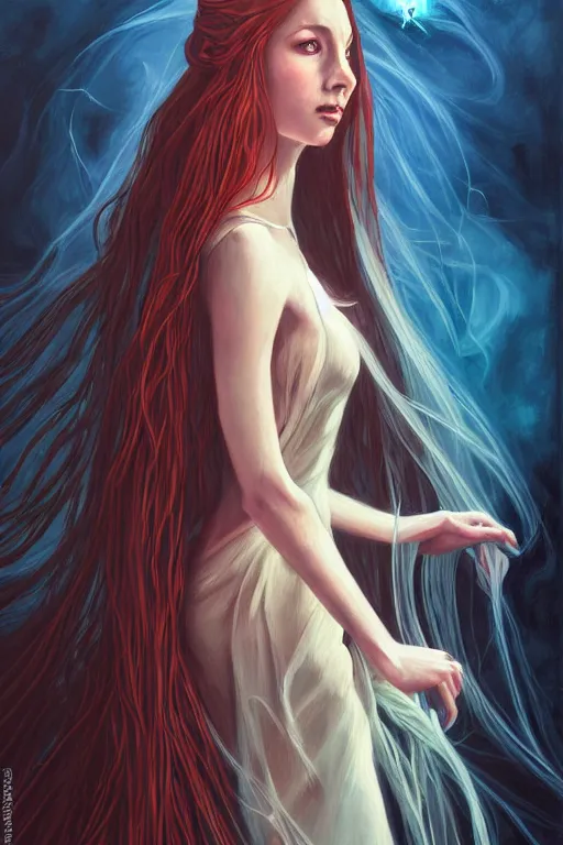 Prompt: portrait of a female wizard in flowing sensual dress, long flowing hair, delicate, looking at camera, slightly smiling, realistic face, stylish, elegant, grimdark fantasy, extremely detailed painting inspired by Gerald Brom and Simon Stalenhag, studio lighting