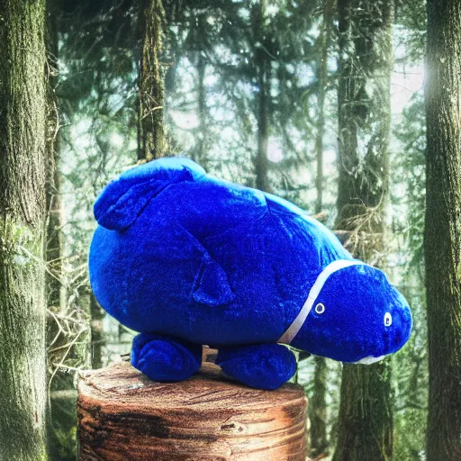 Image similar to blue'snappy gifts plush toy'in magical forest, gifts, dark atmosphere, high detail, soft lighting, 8 k