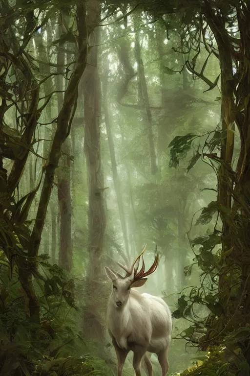 Image similar to White Stag in the distance, lush green deep forest, cold light, art nouveau, 4K, character concept art, oil painting, trending in artstation, cgsociety, by nekro, Alphonse Mucha, Artgerm, WLOP, Greg Rutkowski