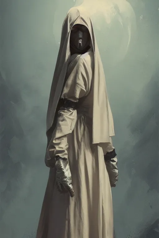 Image similar to The killer Nun with the iron mask, horror, illustrated by Greg Rutkowski and Caspar David Friedrich., Trending on artstation, artstationHD, artstationHQ, 4k, 8k