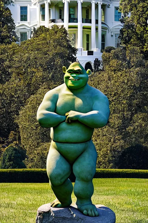 Image similar to A beautiful stone statue of Shrek in front of the White House, photo by Steve McCurry, heroic pose, detailed, smooth, smiling, professional photographer