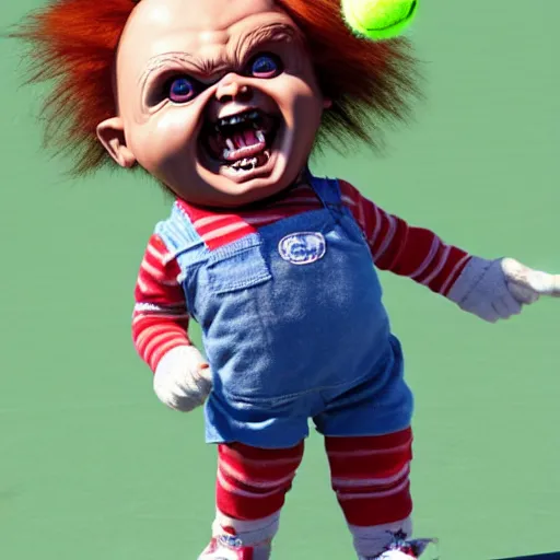 Prompt: cute little screaming chucky doll playing tennis